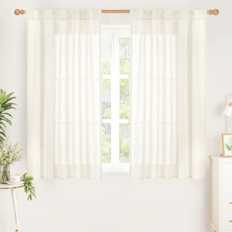 YoungsTex 48 Inch Length Ivory Linen Curtains, Boho Semi Sheer Drapes Rod Pocket Back Tab Light Filtering Privacy for Short Living Room Window, 2 Panels, 42 X 48 Inch - Image 1