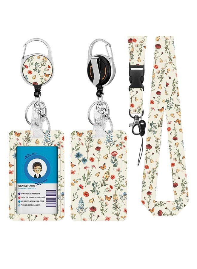 Vorruil Butterfly Flower Lanyards ID Badge, Colorful Aesthetics Flower Lanyard ID Card Holder with Retractable Reel Clip Keychain, Vertical Identity Badge Cover Case Protector with Name Tag for Teacher Nurse - Image 1