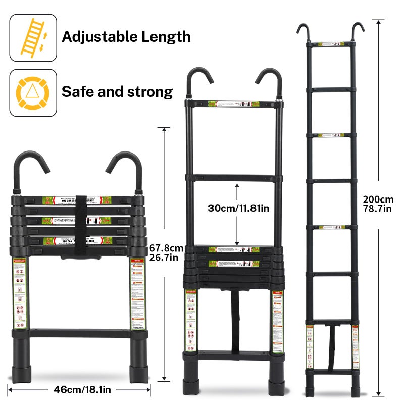 RIKADE Telescopic Ladder, 6.5FT Aluminum Telescoping Ladder with Non-Slip Feet and Stable Hook, Portable Extension Ladder for Household and Outdoor Working, Max Load 330lbs, Black - Image 2