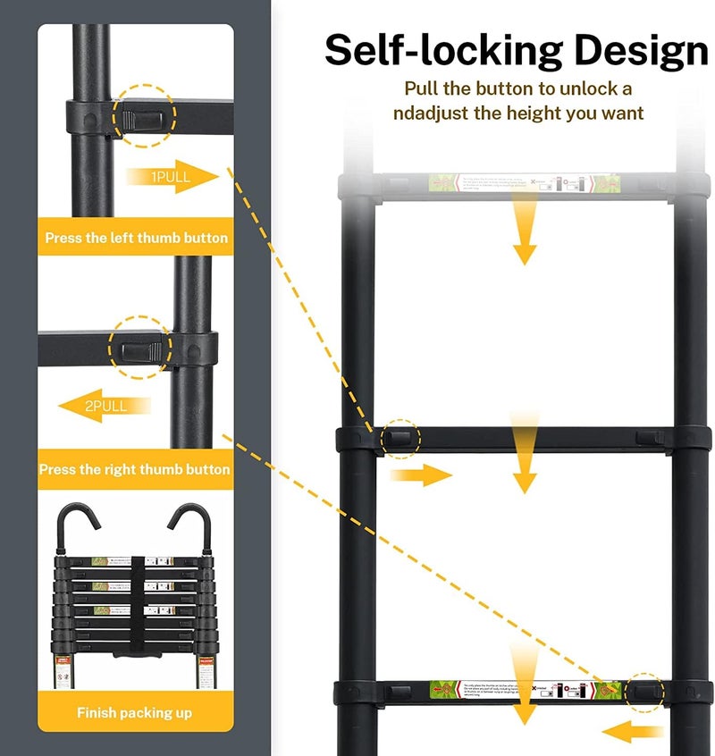 RIKADE Telescopic Ladder, 6.5FT Aluminum Telescoping Ladder with Non-Slip Feet and Stable Hook, Portable Extension Ladder for Household and Outdoor Working, Max Load 330lbs, Black - Image 5