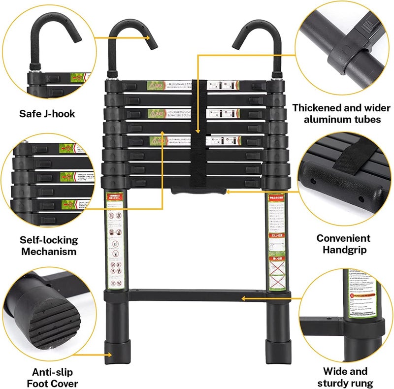 RIKADE Telescopic Ladder, 6.5FT Aluminum Telescoping Ladder with Non-Slip Feet and Stable Hook, Portable Extension Ladder for Household and Outdoor Working, Max Load 330lbs, Black - Image 3
