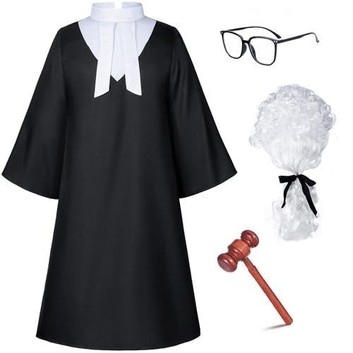 Irtysh Halloween Robe Judge Lawyer Unisex Adult Party Graduation Gown Costume Cosplay Wooden Gavel Wig Glasses Gloves set(M) - Image 1