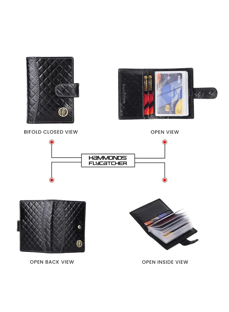 HAMMONDS FLYCATCHER Leather Card Holder for Men, Credit Card Holder, Slim Bi-Fold RFID Protected Credit Card Wallet for Men with 18 Card Slots, Metal Snap Button - Rhombus Black | CC602_RHM_BLK | ZS1K