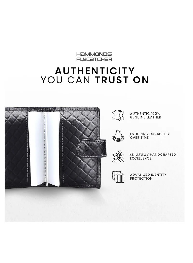 HAMMONDS FLYCATCHER Leather Card Holder for Men, Credit Card Holder, Slim Bi-Fold RFID Protected Credit Card Wallet for Men with 18 Card Slots, Metal Snap Button - Rhombus Black | CC602_RHM_BLK | ZS1K