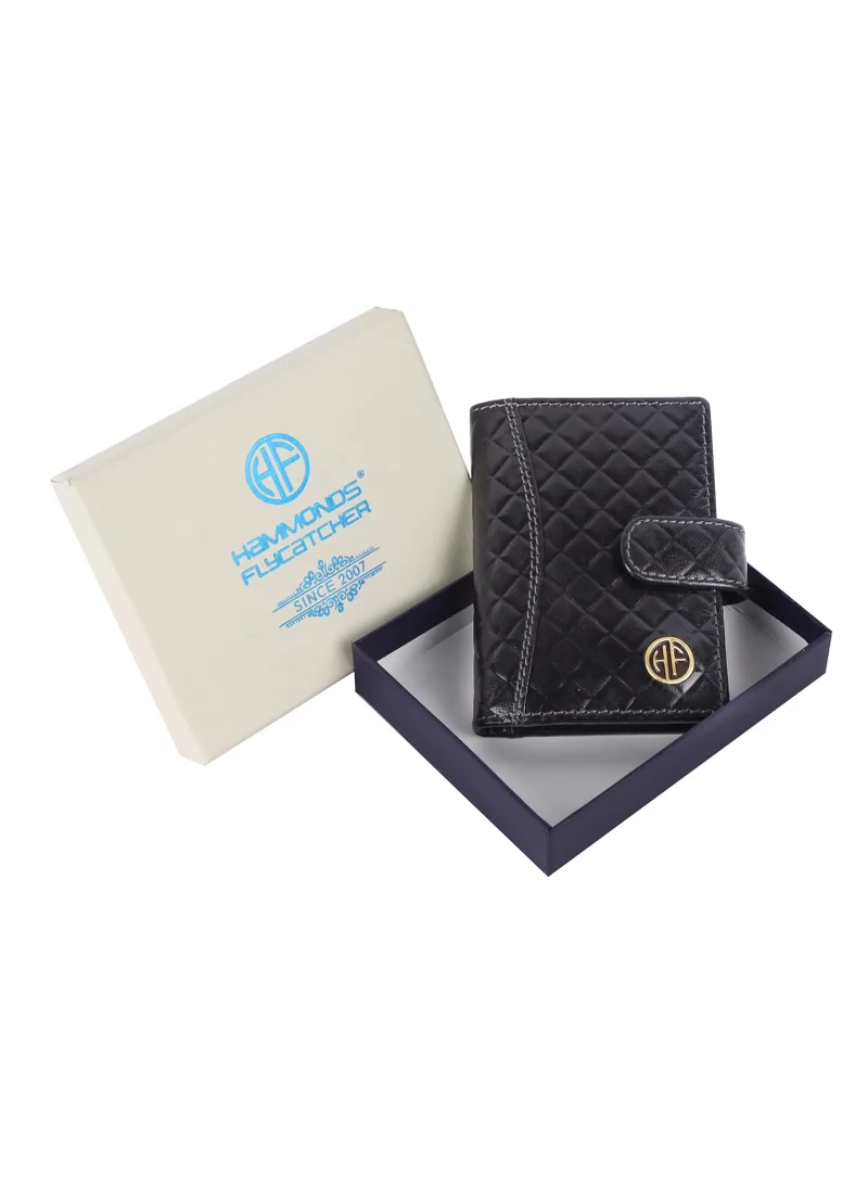 HAMMONDS FLYCATCHER Leather Card Holder for Men, Credit Card Holder, Slim Bi-Fold RFID Protected Credit Card Wallet for Men with 18 Card Slots, Metal Snap Button - Rhombus Black | CC602_RHM_BLK | ZS1K