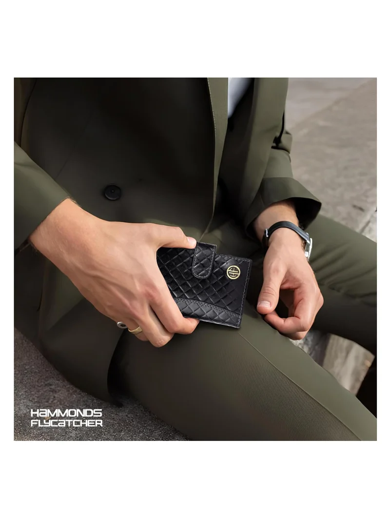 HAMMONDS FLYCATCHER Leather Card Holder for Men, Credit Card Holder, Slim Bi-Fold RFID Protected Credit Card Wallet for Men with 18 Card Slots, Metal Snap Button - Rhombus Black | CC602_RHM_BLK | ZS1K