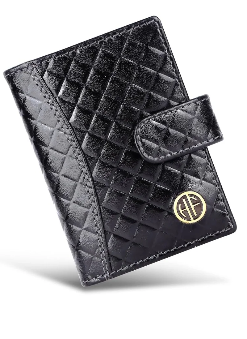 HAMMONDS FLYCATCHER Leather Card Holder for Men, Credit Card Holder, Slim Bi-Fold RFID Protected Credit Card Wallet for Men with 18 Card Slots, Metal Snap Button - Rhombus Black | CC602_RHM_BLK | ZS1K