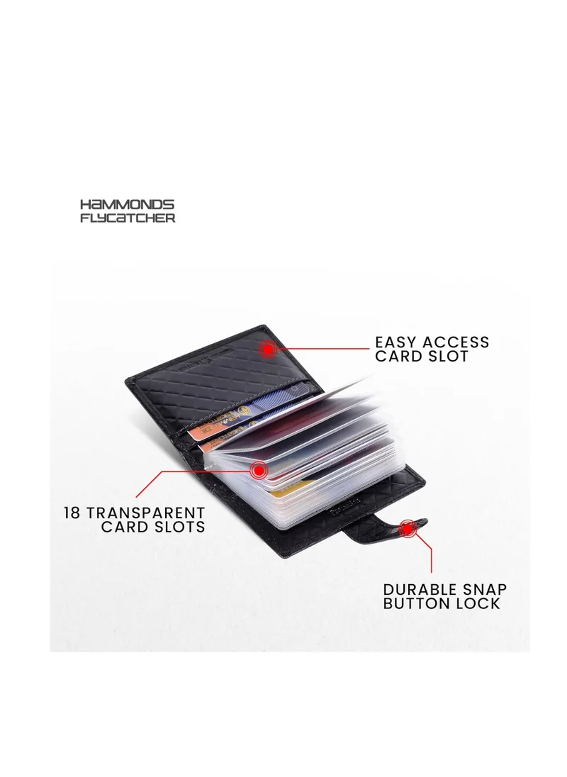 HAMMONDS FLYCATCHER Leather Card Holder for Men, Credit Card Holder, Slim Bi-Fold RFID Protected Credit Card Wallet for Men with 18 Card Slots, Metal Snap Button - Rhombus Black | CC602_RHM_BLK | ZS1K