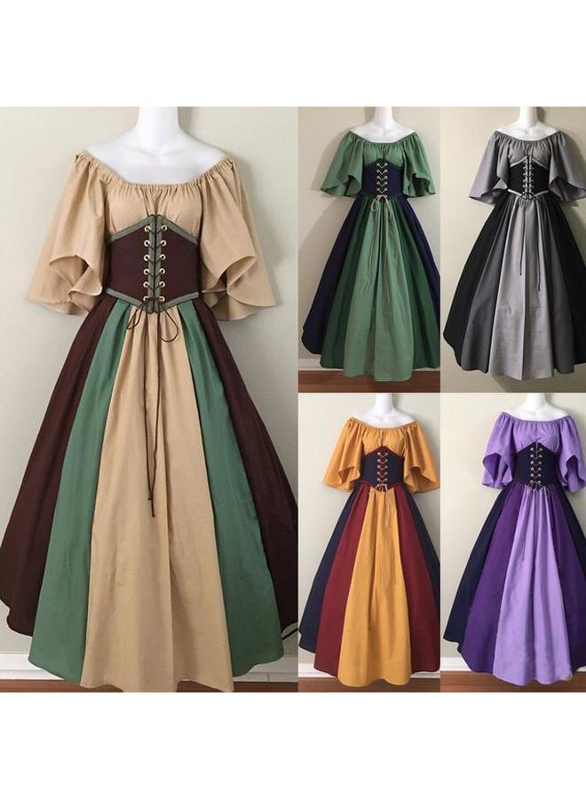 Bluejw European And American Medieval Retro Contrast Color Slim Dress Flying Sleeve Large Swing Dress Shoulder Dress Women's Cos Dress Performance - Image 2
