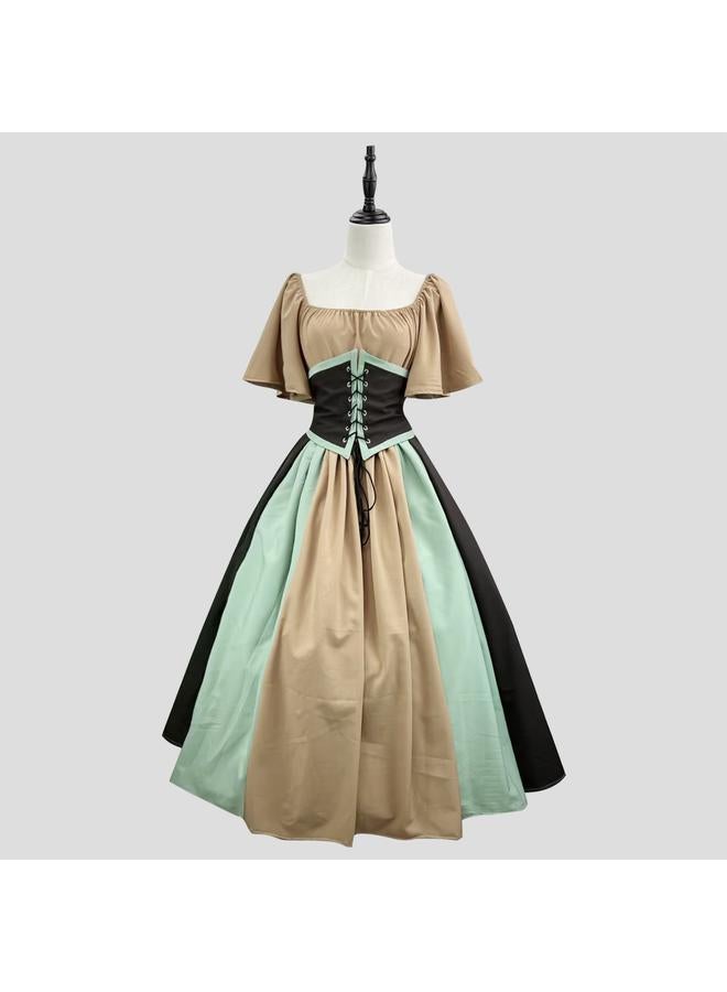 Bluejw European And American Medieval Retro Contrast Color Slim Dress Flying Sleeve Large Swing Dress Shoulder Dress Women's Cos Dress Performance - Image 1