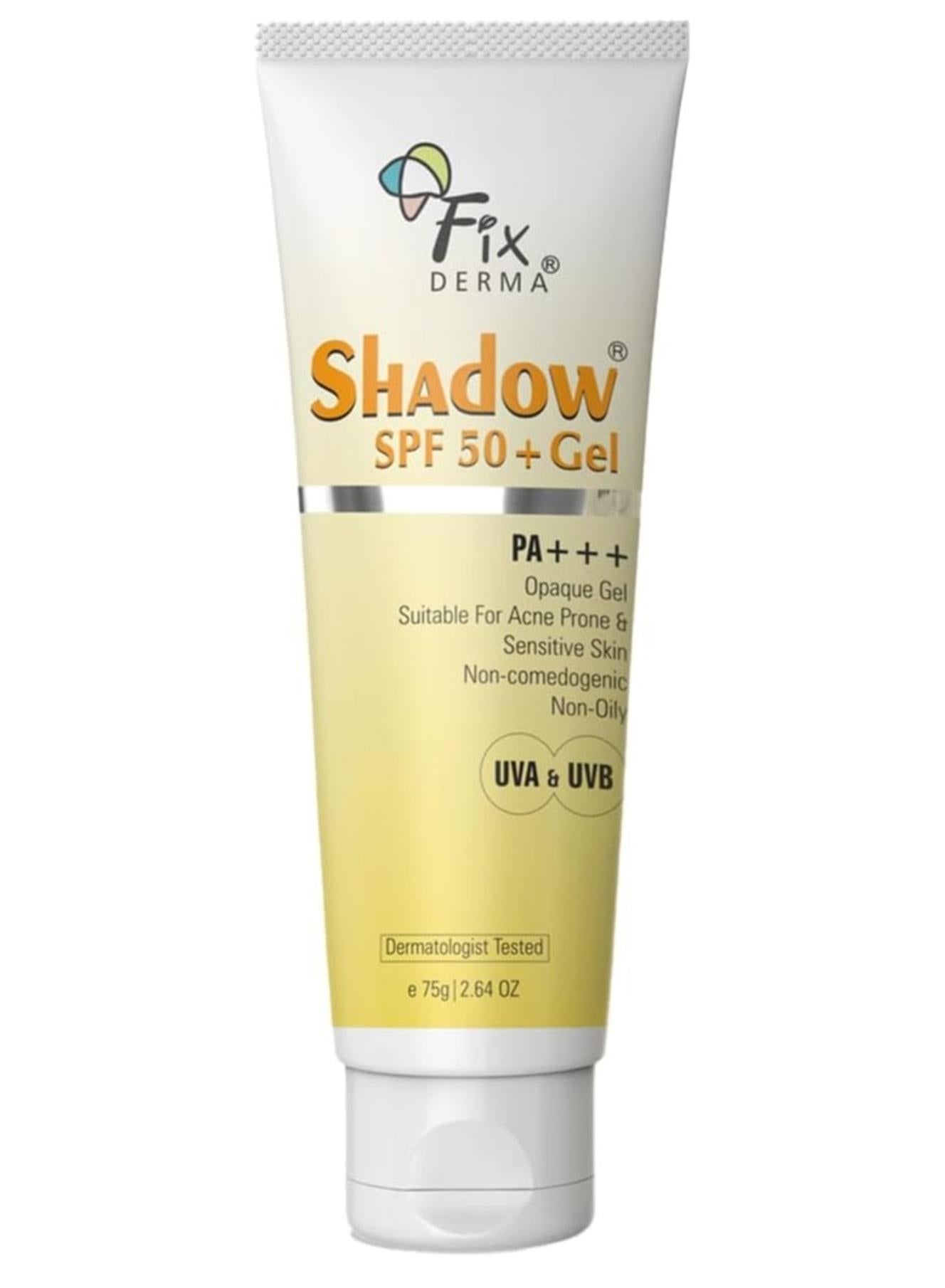 FIXDERMA Shadow Sunscreen Spf 50+ Gel For Oily Skin, Body & Face, Broad Spectrum For Uva & Uvb Protection For Unisex, Non Greasy & Water Resistant, 75g