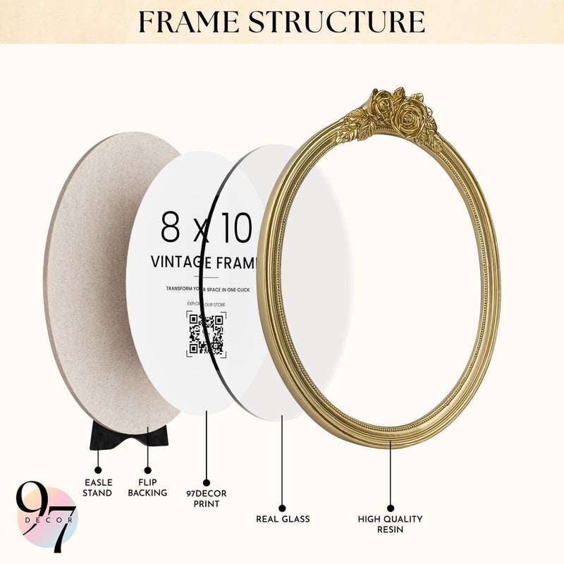 97 Decor Gold Oval Frame 8x10 - Gold Vintage Picture Frames 8x10  Antique Ornate Frames 8 X 10 With Glass Front For Tabletop Photo Display And Wall Hanging  Golden Rose Frame 8 By 10 - Image 3