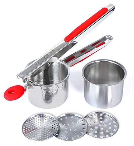 Rorence Stainless Steel Potato Ricer: 15 Oz Potato Masher with 3 Interchangeable Discs & Inner Cup & Silicone Grip Handles - Red - Image 1