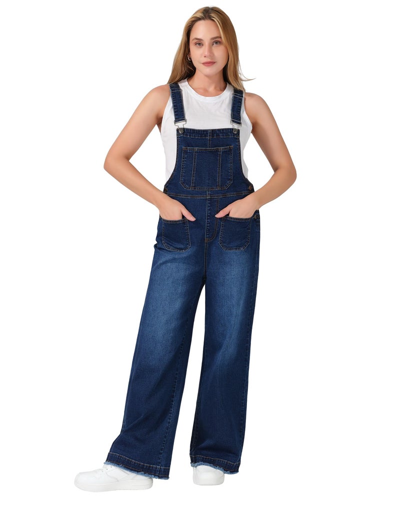 roswear Womenâ€™s Denim Overalls Loose Fit Stretchy Baggy Overall Bib Wide Leg Casual Jean Jumpsuits Classic Blue Small - Image 1