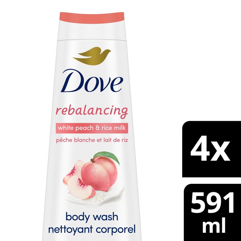 Dove Body Wash Rebalancing White Peach & Rice Milk, 4 Count for Renewed, Healthy Looking Skin, Moisturizing Gentle Skin Cleanser with 24hr Renewing MicroMoisture, 20 oz - Image 2