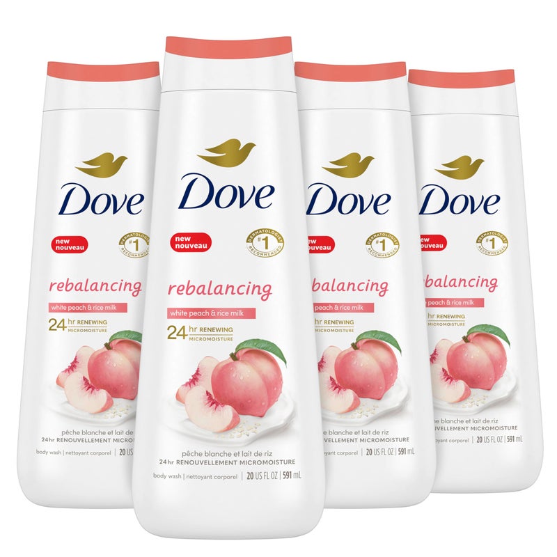 Dove Body Wash Rebalancing White Peach & Rice Milk, 4 Count for Renewed, Healthy Looking Skin, Moisturizing Gentle Skin Cleanser with 24hr Renewing MicroMoisture, 20 oz - Image 1