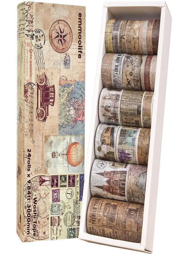 emmoolife Vintage Washi Tape Set of 24 Rolls, Antique Car Buildings Map, Stamp Stripe, Engraving Aesthetic Decorative Ribbons for Scrapbooking, Trash Diary Supplies, Di - Image 1