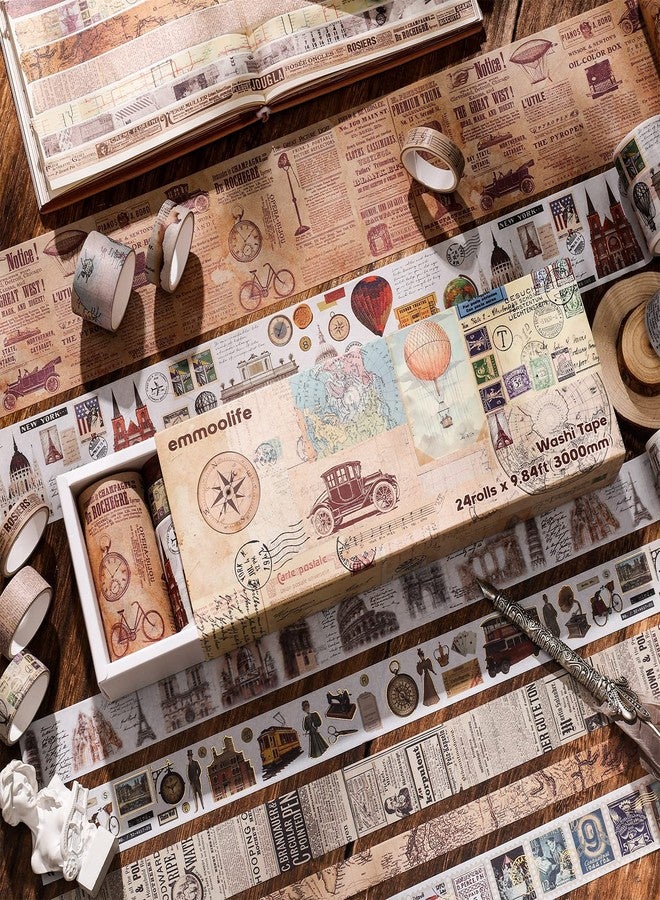 emmoolife Vintage Washi Tape Set of 24 Rolls, Antique Car Buildings Map, Stamp Stripe, Engraving Aesthetic Decorative Ribbons for Scrapbooking, Trash Diary Supplies, Di - Image 4