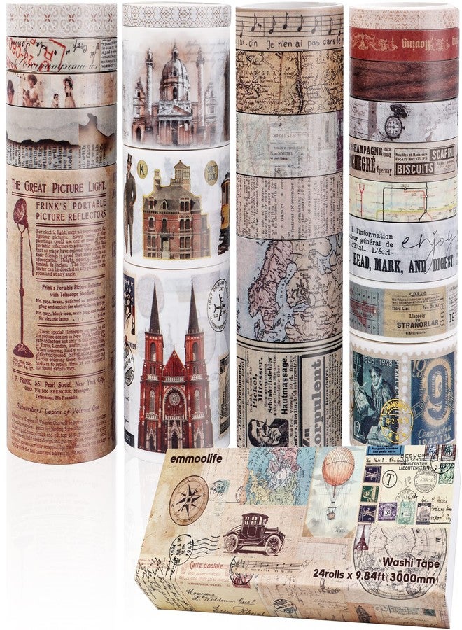 emmoolife Vintage Washi Tape Set of 24 Rolls, Antique Car Buildings Map, Stamp Stripe, Engraving Aesthetic Decorative Ribbons for Scrapbooking, Trash Diary Supplies, Di - Image 2