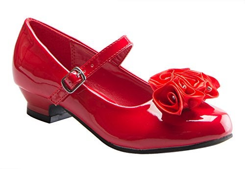 DressForLess Mary Jane Shoes with Pretty Satin Rolled Rosettes Patent Leather, RED 13 - Image 1