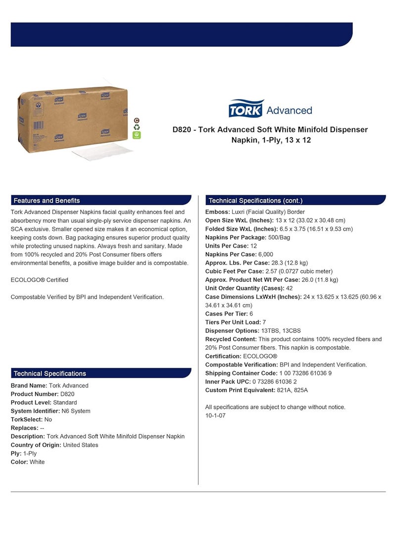 Tork Tork Advanced Soft Minifold Dispenser Napkin 12 packs 500 napkins D820 38x65 inch12x13 inch White  - Image 5
