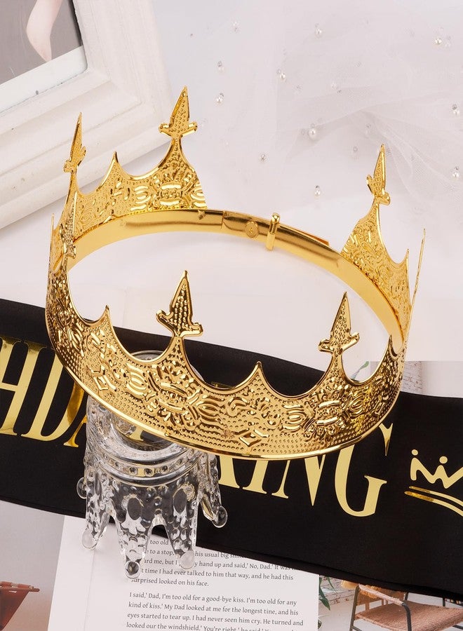 Chanaco Birthday King Crown & Sash Set for Men Kings Crown for Boys Birthday Decoration Gold Hair Accessories for Party Pom - Image 2