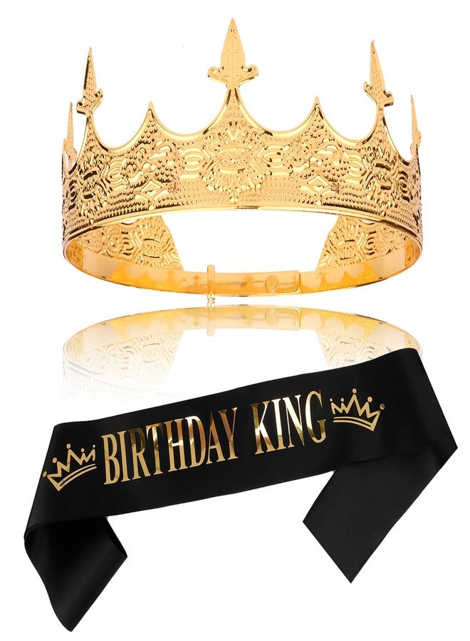 Chanaco Birthday King Crown & Sash Set for Men Kings Crown for Boys Birthday Decoration Gold Hair Accessories for Party Pom - Image 1