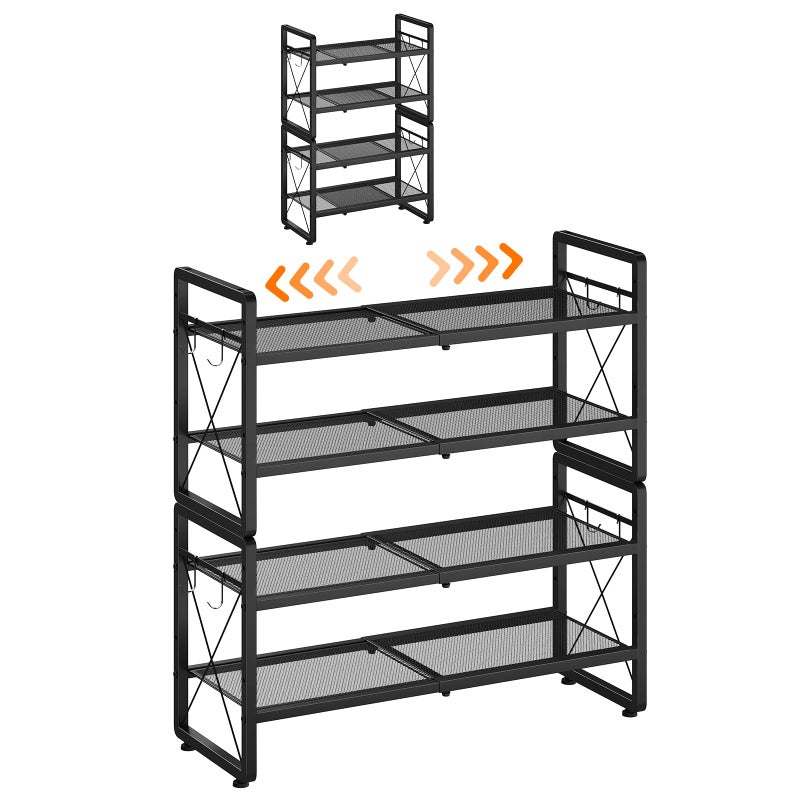 ELYKEN Shoe Rack, 4-Tier Expandable Shoe Organizer for Entryway, Metal Black Shoe Shelf with 4 Hooks, Adjustable Shoe Stand Holder for Closet, Garage, Door Entrance - Image 1