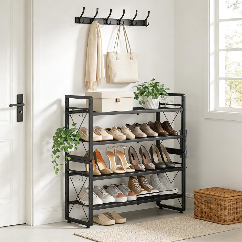 ELYKEN Shoe Rack, 4-Tier Expandable Shoe Organizer for Entryway, Metal Black Shoe Shelf with 4 Hooks, Adjustable Shoe Stand Holder for Closet, Garage, Door Entrance - Image 2