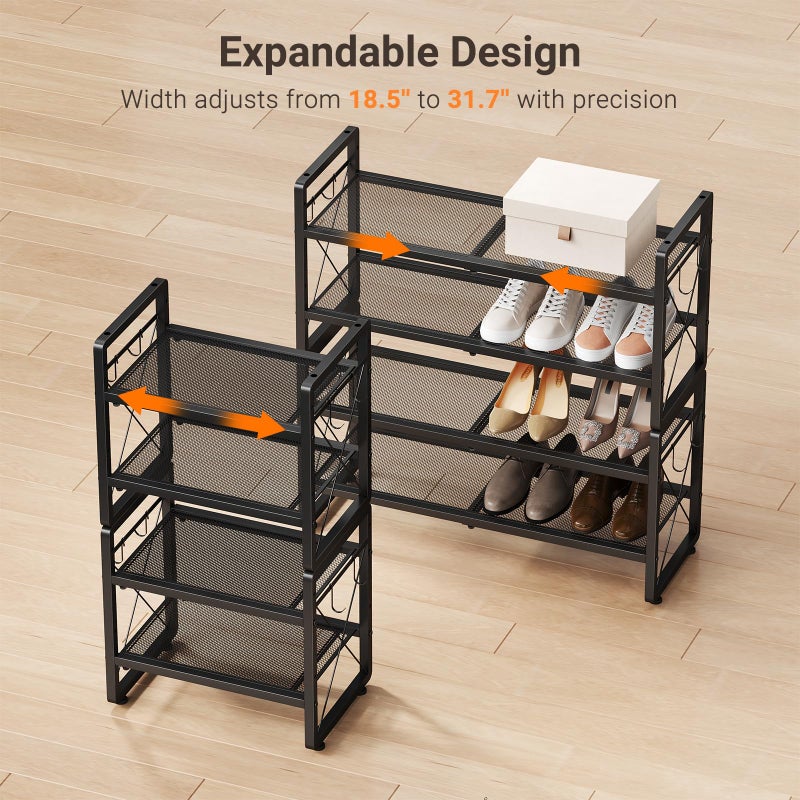 ELYKEN Shoe Rack, 4-Tier Expandable Shoe Organizer for Entryway, Metal Black Shoe Shelf with 4 Hooks, Adjustable Shoe Stand Holder for Closet, Garage, Door Entrance - Image 4