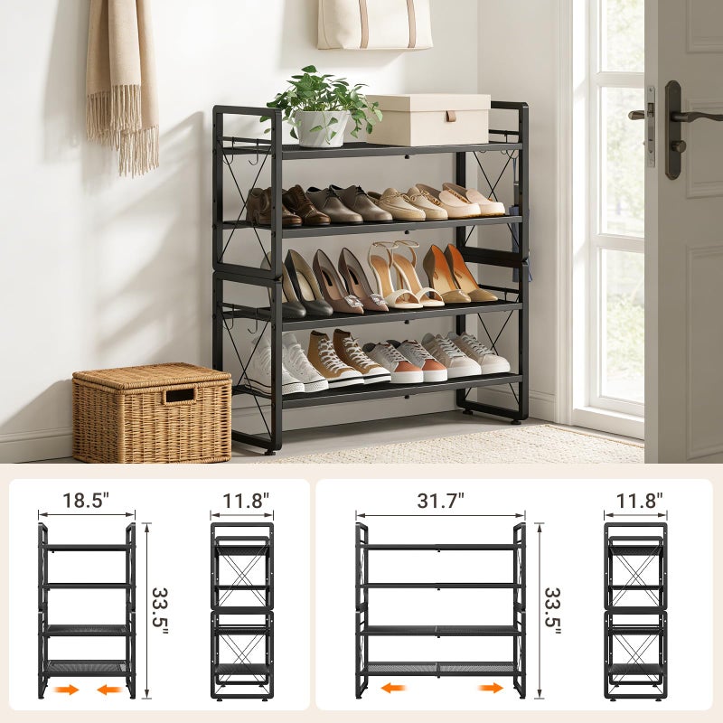 ELYKEN Shoe Rack, 4-Tier Expandable Shoe Organizer for Entryway, Metal Black Shoe Shelf with 4 Hooks, Adjustable Shoe Stand Holder for Closet, Garage, Door Entrance - Image 3