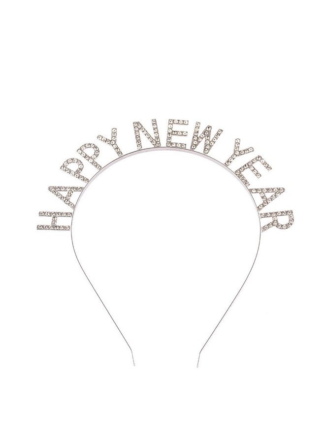 Soochat - Happy New Year Headband Tiara Sparkly Rhinestones Happy New Year Hair Hoop Crystal Headpieces For New Year Eve Party Supplies Favors (Silver) - Image 1