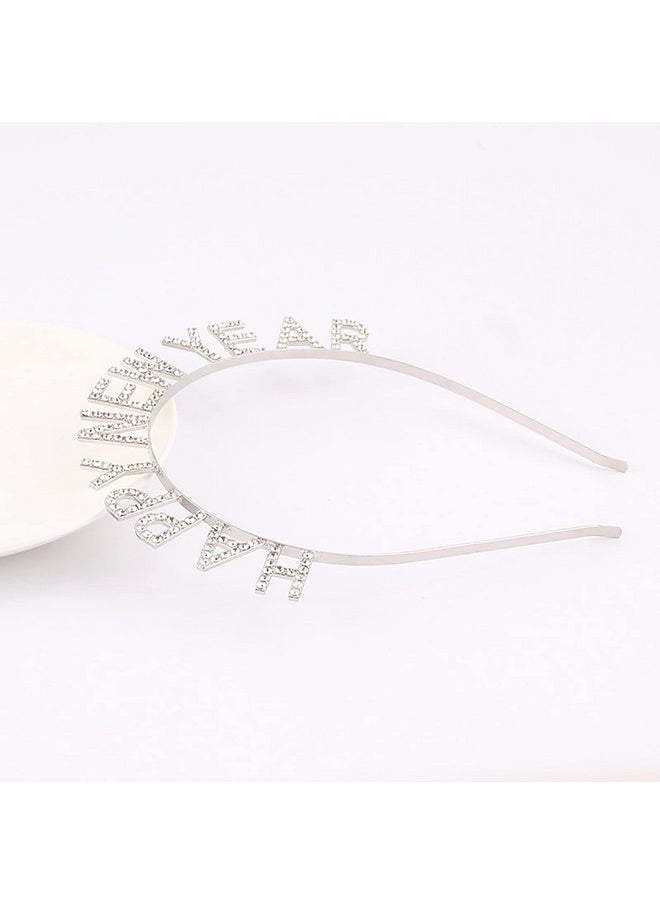 Soochat - Happy New Year Headband Tiara Sparkly Rhinestones Happy New Year Hair Hoop Crystal Headpieces For New Year Eve Party Supplies Favors (Silver) - Image 1