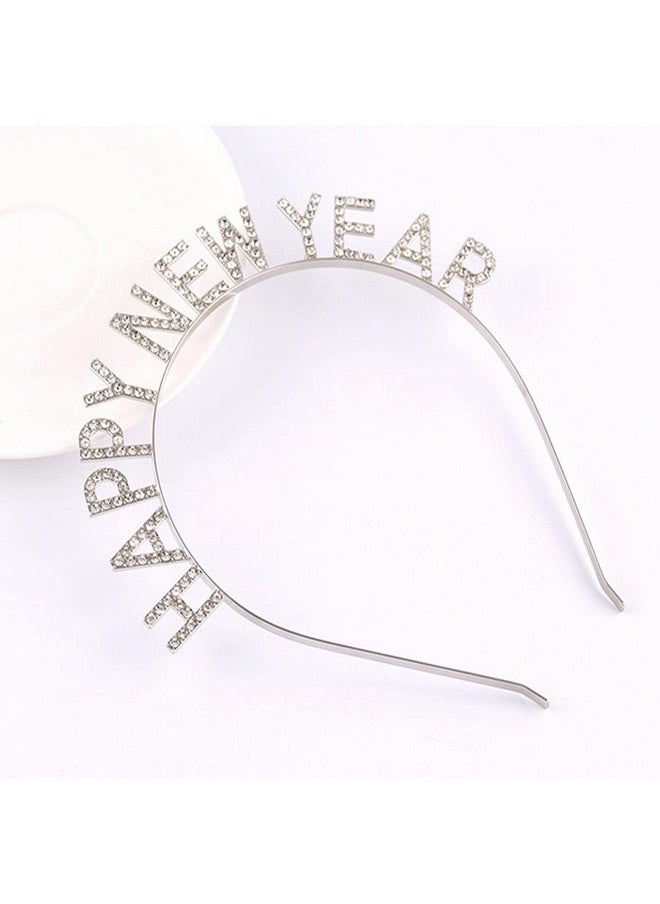 Soochat - Happy New Year Headband Tiara Sparkly Rhinestones Happy New Year Hair Hoop Crystal Headpieces For New Year Eve Party Supplies Favors (Silver) - Image 1