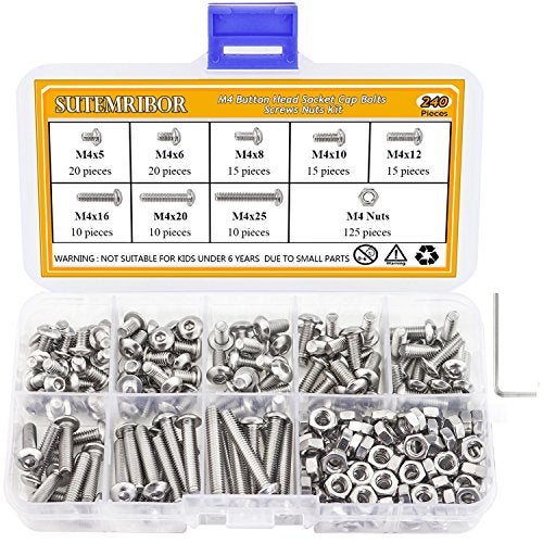 Sutemribor 240 Pieces M4 Stainless Steel Button Head Hex Socket Head Cap Bolts Screws Nuts Assortment Kit + Wrench - Image 1