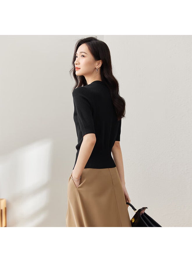Sentubila Versatile Stylish Design Heart-shaped Metal Button Round Neck Sweater, Black, Size S - Image 3