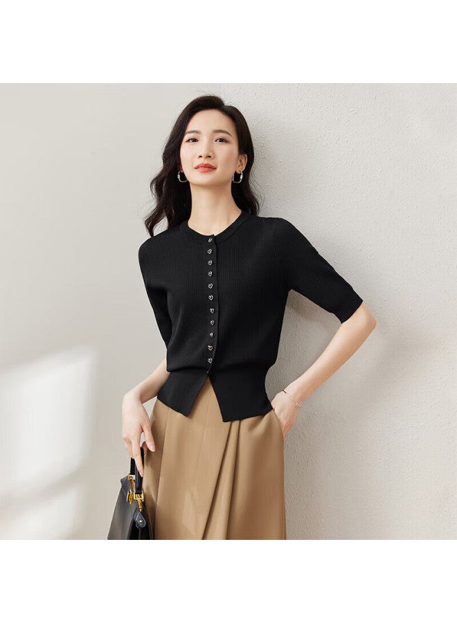 Sentubila Versatile Stylish Design Heart-shaped Metal Button Round Neck Sweater, Black, Size S - Image 2