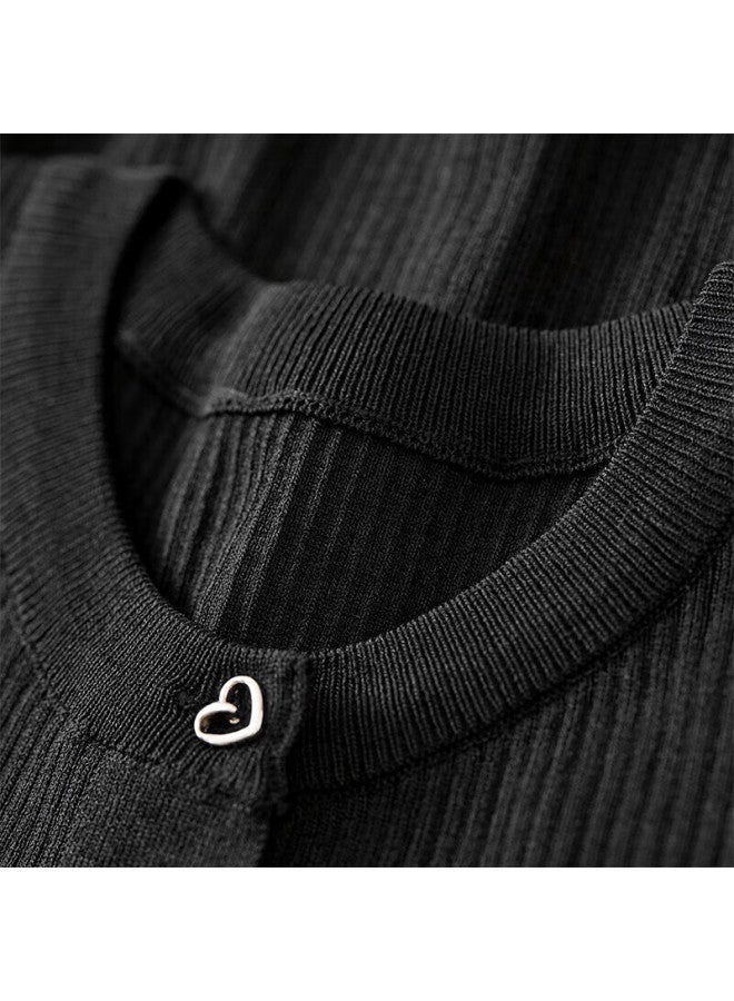 Sentubila Versatile Stylish Design Heart-shaped Metal Button Round Neck Sweater, Black, Size S - Image 5