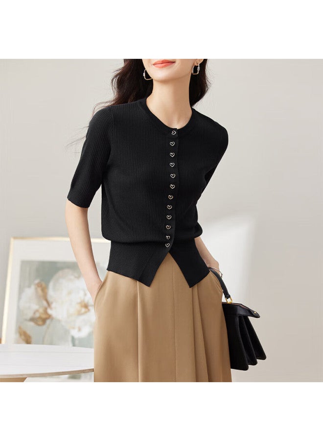 Sentubila Versatile Stylish Design Heart-shaped Metal Button Round Neck Sweater, Black, Size S - Image 1