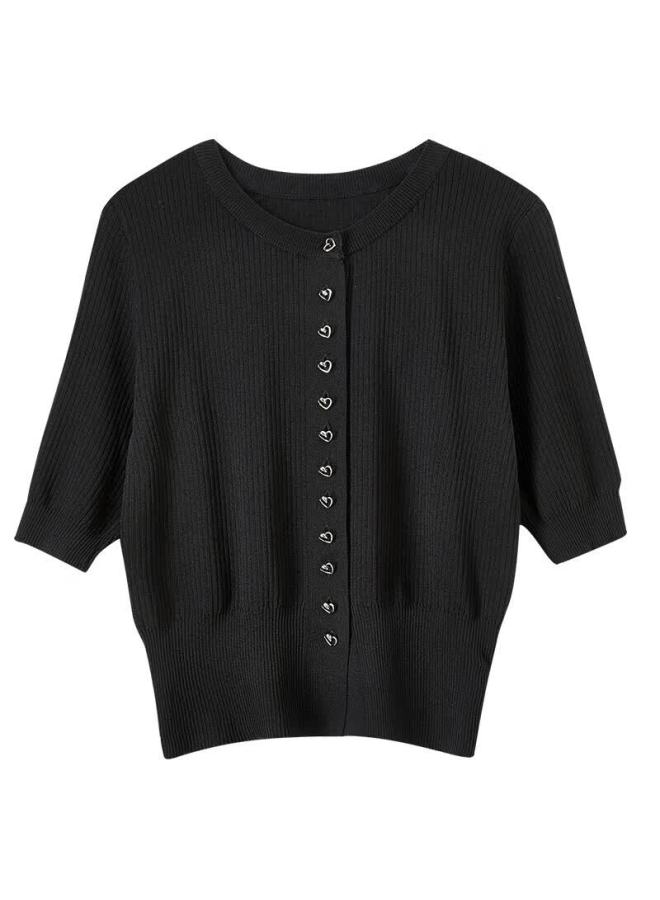 Sentubila Versatile Stylish Design Heart-shaped Metal Button Round Neck Sweater, Black, Size S - Image 4