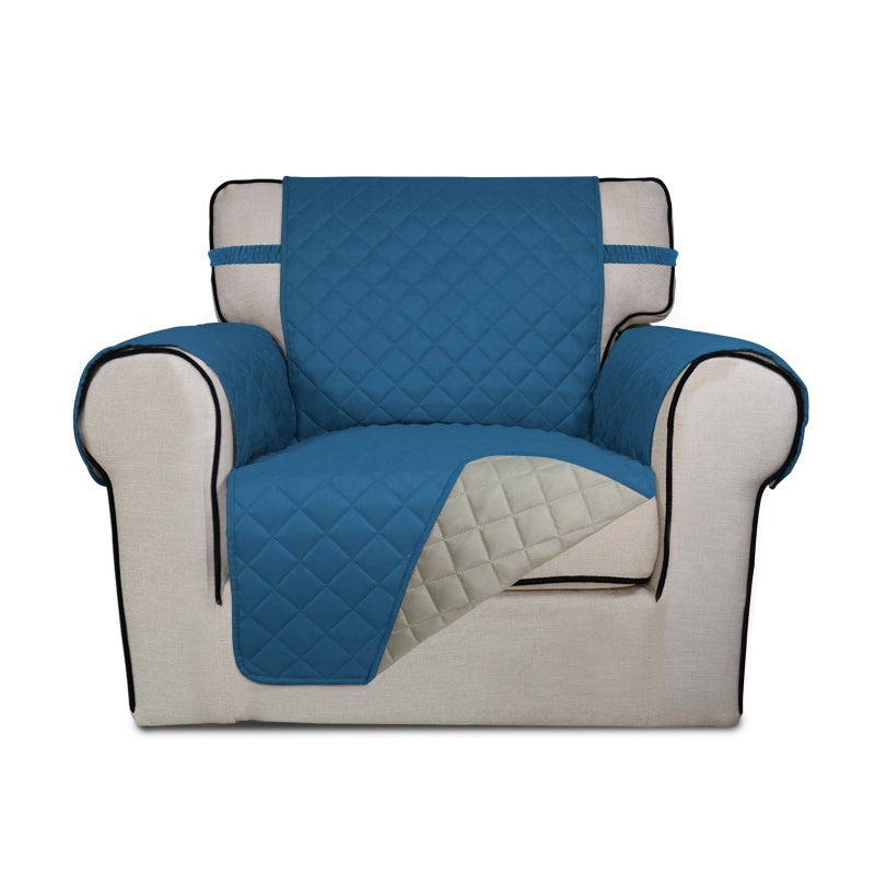 PureFit Reversible Quilted Sofa Cover Water Resistant Slipcover Furniture Protector Washable Couch Cover with Non Slip Foam and Elastic Straps for Kids Pets Small Peacock BlueBeige