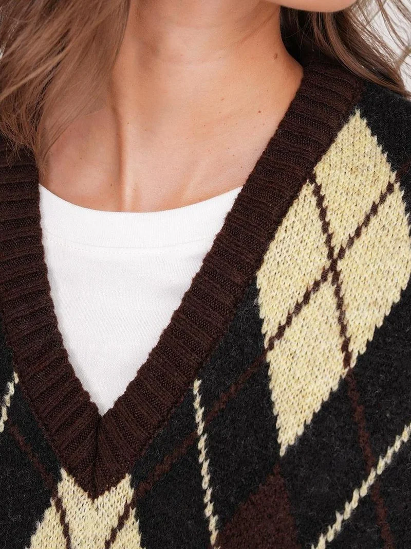 Mixray Coffee Brown Mixray V-Neck Knitwear Sweater Vest with Argyle Pattern for Women | Best Price UAE