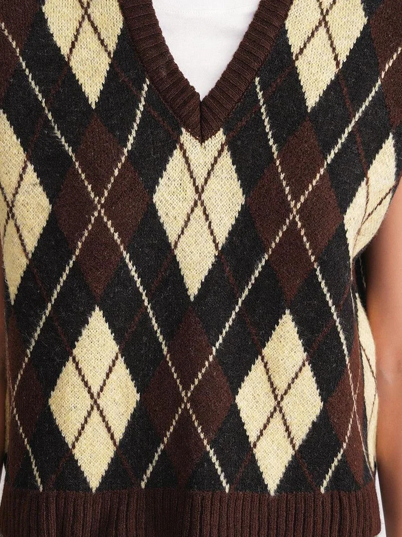 Mixray Coffee Brown Mixray V-Neck Knitwear Sweater Vest with Argyle Pattern for Women | Best Price UAE