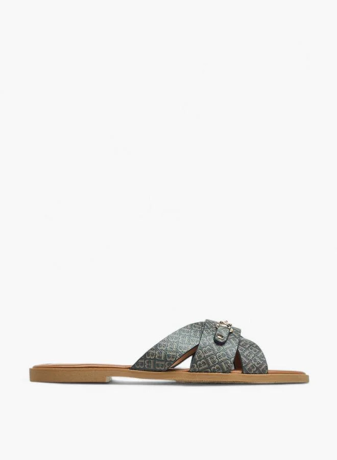 Flora Bella By Shoexpress BROWN Flora Bella Monogram Print Slip-On Flat Sandals With Metal Accent for Women | Best Price UAE