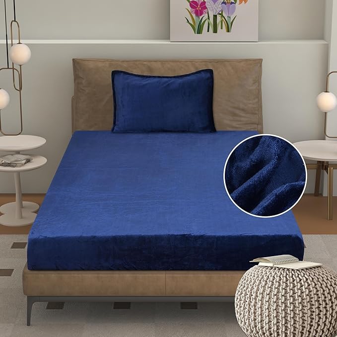 JBTC JBTC Warm bedsheet 100 Woolen Fabric Warm Super Soft Single Bedsheet with 1Pillow Cover Warm Fitted bedsheet Specially Made for Winters Seasons Size 36x78 Inches wolen bedsheet Blue 