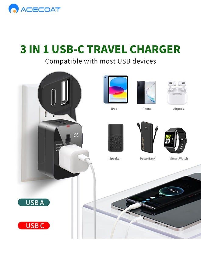 ACECOAT Universal Travel Adapter Worldwide Plug Adaptor with USB-C, International Power Adapter with 1 USB Ports All in One Travel Adaptor Multi USB Wall Charger for European USA UK EU AUS(Type C/G/A/I) - Image 2