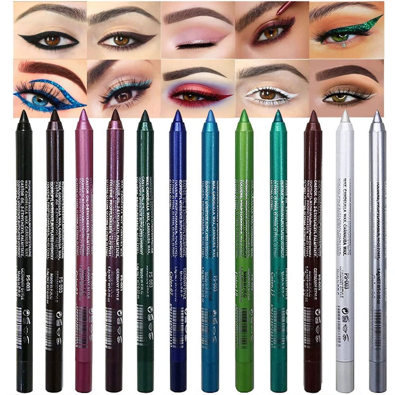 evpct evpct 12Pcs Green Blue White Black Brown Purple Color Gel Glitter Eyeliner Pencils Set for Women Waterline Waterproof Smudge Proof lapiz de ojos delineador de ojos contra el agua Eye Liner Makeup 1-5