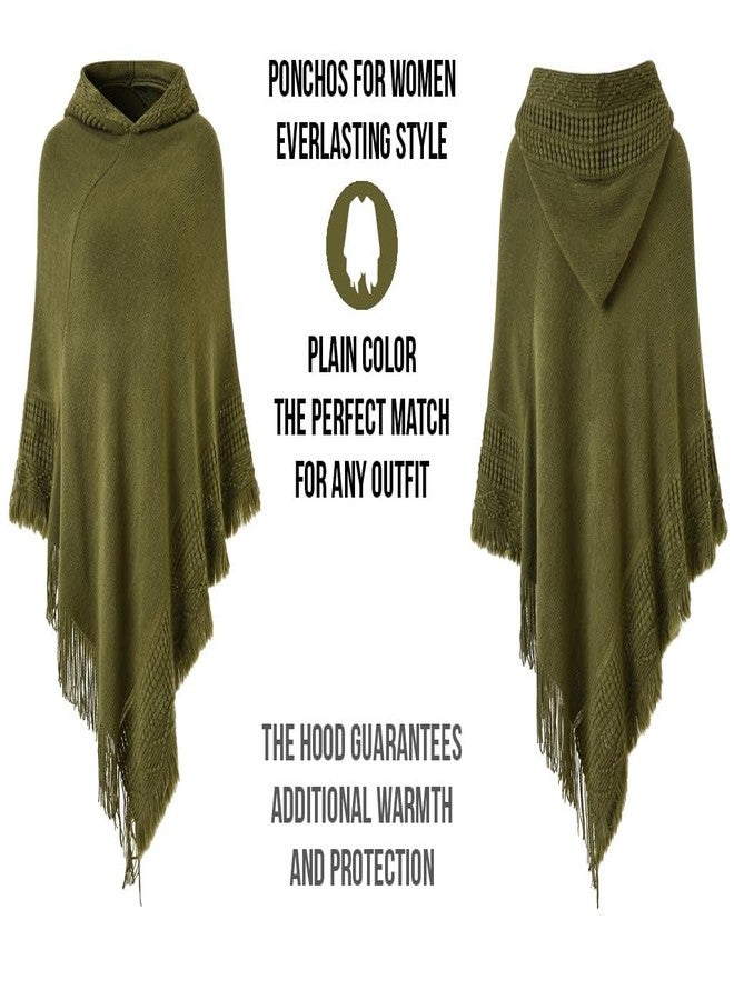 Ferand Ladies' Hooded Cape with Fringed Hem, Crochet Poncho Knitting Patterns for Women, Army Green, one size - Image 3