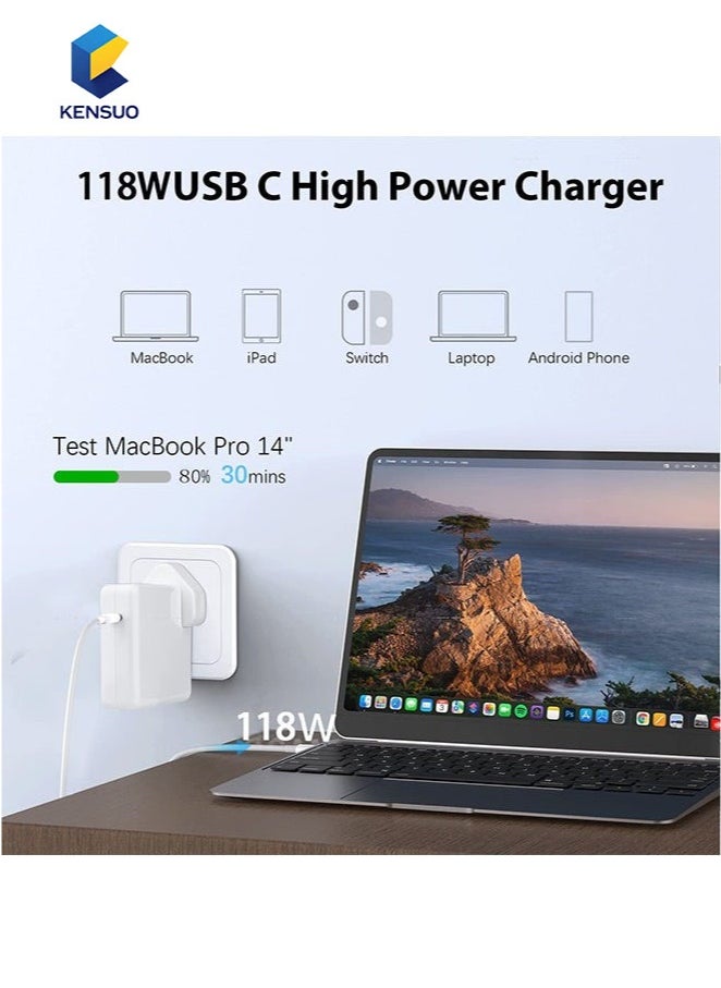 PD 118W Type C Macbook Pro/Macbook Air Fast Replacement Charger with 2M USB C Cable, Power Adapter Compatible for Apple iPad, MacBook Series, Huawei Matebook Series, iPhone 15 iPhone 16 Series, Samsung Galaxy S23 S24 Series Type C Interface