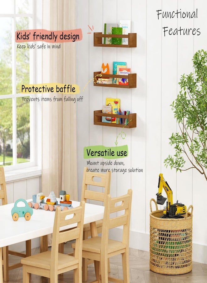 Harwaya Walnut Brown Nursery Book Shelves Wall Mounted, Wooden Floating Bookshelf for Kids Room Bedroom, Dark Wood Nursery Bookshelves for Kitchen Classroom Playroom (Solid Pine, 3-Pack) - Image 4